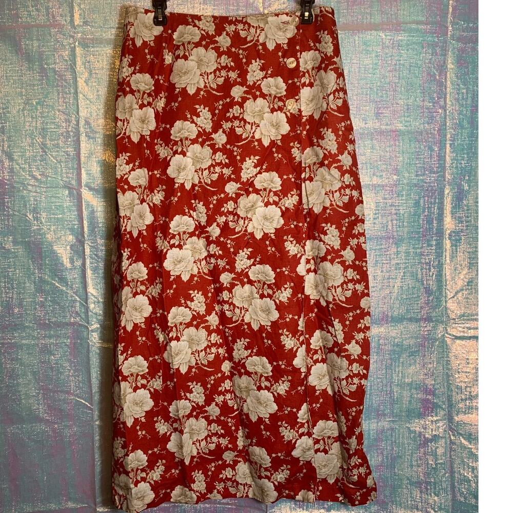Liz Claiborne Liz Sport 100% Linen Floral Maxi Wrap Skirt Womens 12 Cottage